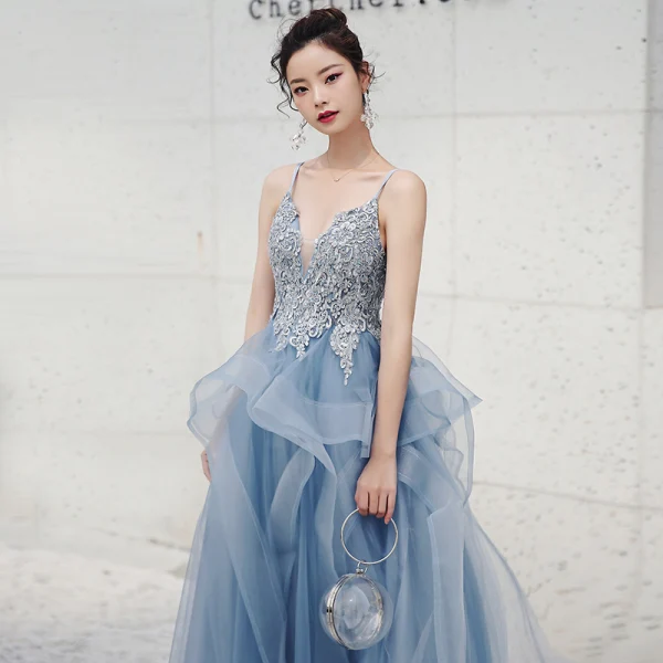 Sexy Sky Blue Evening Dresses  2020 A-Line / Princess Deep V-Neck Spaghetti Straps Sleeveless Appliques Lace Beading Floor-Length / Long Ruffle Backless Formal Dresses