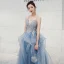 Sexy Sky Blue Evening Dresses  2020 A-Line / Princess Deep V-Neck Spaghetti Straps Sleeveless Appliques Lace Beading Floor-Length / Long Ruffle Backless Formal Dresses