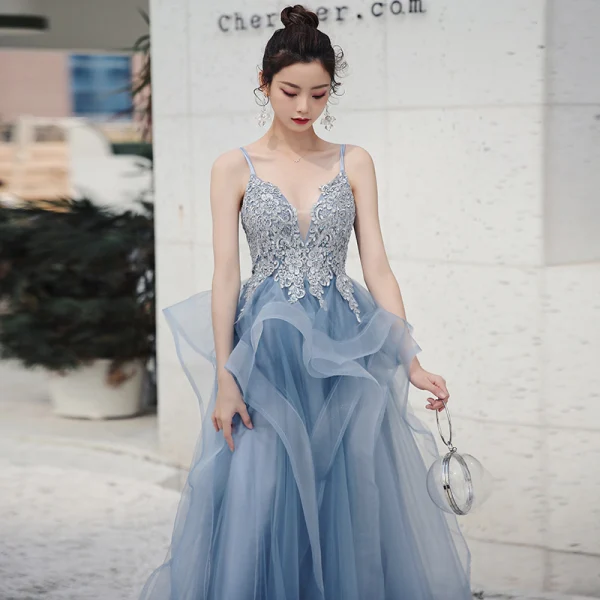 Sexy Sky Blue Evening Dresses  2020 A-Line / Princess Deep V-Neck Spaghetti Straps Sleeveless Appliques Lace Beading Floor-Length / Long Ruffle Backless Formal Dresses