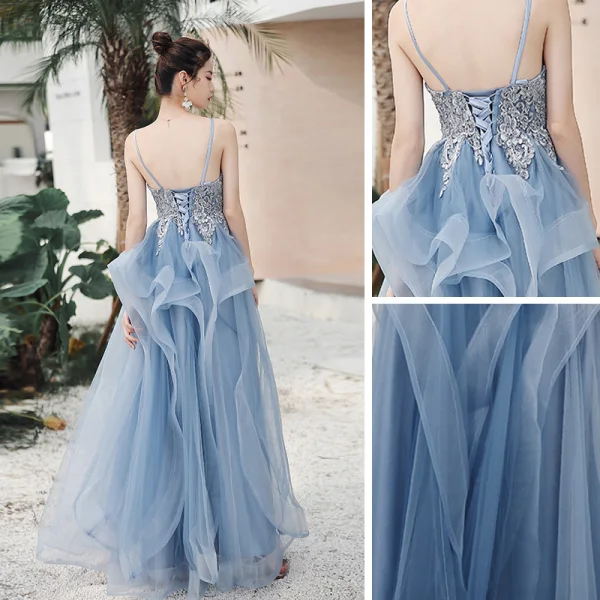 Sexy Sky Blue Evening Dresses  2020 A-Line / Princess Deep V-Neck Spaghetti Straps Sleeveless Appliques Lace Beading Floor-Length / Long Ruffle Backless Formal Dresses