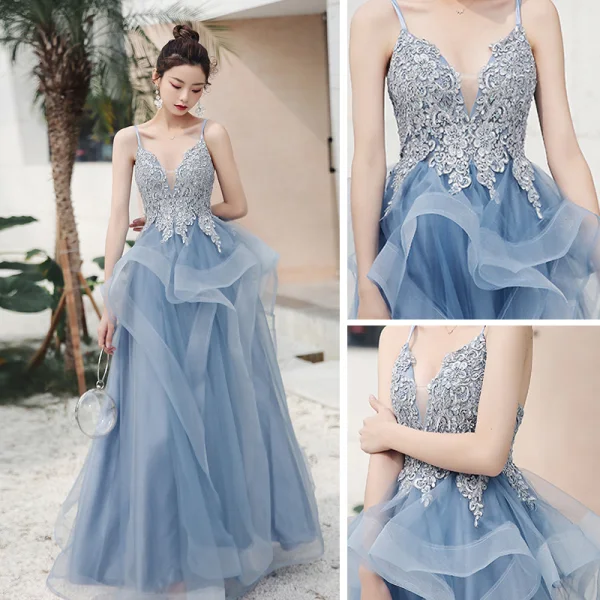 Sexy Sky Blue Evening Dresses  2020 A-Line / Princess Deep V-Neck Spaghetti Straps Sleeveless Appliques Lace Beading Floor-Length / Long Ruffle Backless Formal Dresses