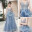 Sexy Sky Blue Evening Dresses  2020 A-Line / Princess Deep V-Neck Spaghetti Straps Sleeveless Appliques Lace Beading Floor-Length / Long Ruffle Backless Formal Dresses