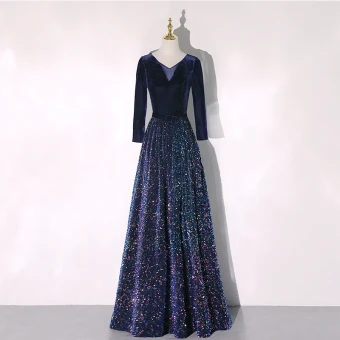 Scintillantes Bleu Marine Paillettes Hiver Robe De Soirée 2020 Princesse V Cou Manches Longues Noeud Ceinture Longue Volants Robe De Ceremonie