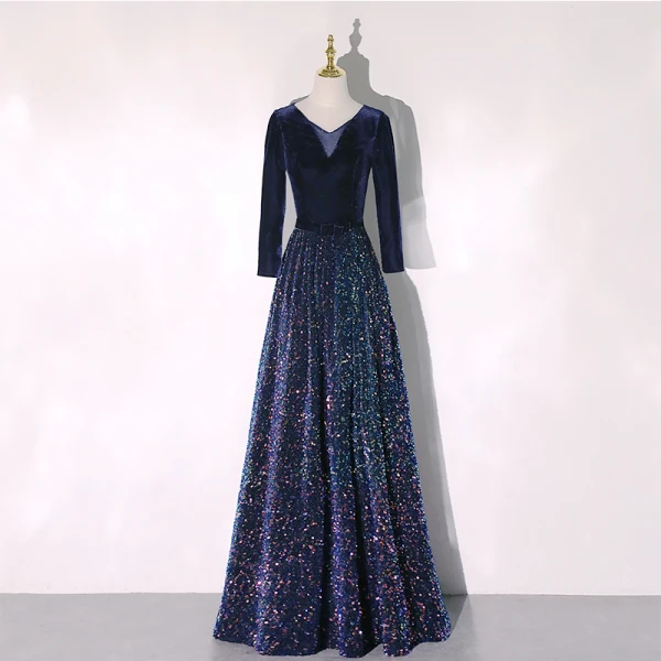Scintillantes Bleu Marine Paillettes Hiver Robe De Soirée 2020 Princesse V-Cou Manches Longues Noeud Ceinture Longue Volants Robe De Ceremonie