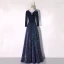 Scintillantes Bleu Marine Paillettes Hiver Robe De Soirée 2020 Princesse V-Cou Manches Longues Noeud Ceinture Longue Volants Robe De Ceremonie