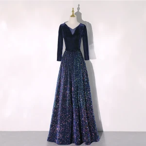 Sparkly Navy Blue Sequins Winter Evening Dresses 2020 A Line Princess V Neck Long Sleeve Bow Sash Floor Length Long Ruffle Formal Dresses