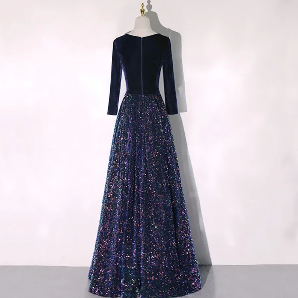 Scintillantes Bleu Marine Paillettes Hiver Robe De Soirée 2020 Princesse V-Cou Manches Longues Noeud Ceinture Longue Volants Robe De Ceremonie