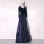 Scintillantes Bleu Marine Paillettes Hiver Robe De Soirée 2020 Princesse V-Cou Manches Longues Noeud Ceinture Longue Volants Robe De Ceremonie