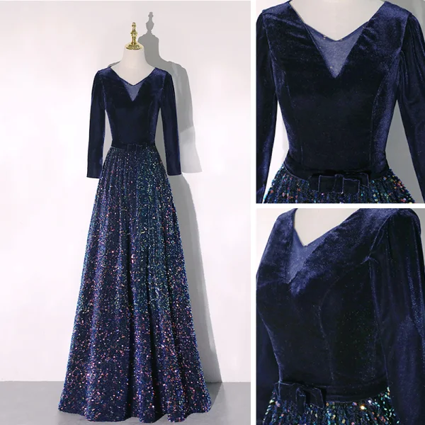 Scintillantes Bleu Marine Paillettes Hiver Robe De Soirée 2020 Princesse V-Cou Manches Longues Noeud Ceinture Longue Volants Robe De Ceremonie