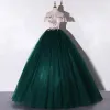 Chic / Beautiful Dark Green Dancing Prom Dresses 2020 Ball Gown Off-The-Shoulder Short Sleeve Appliques Lace Flower Sequins Beading Pearl Floor-Length / Long Ruffle