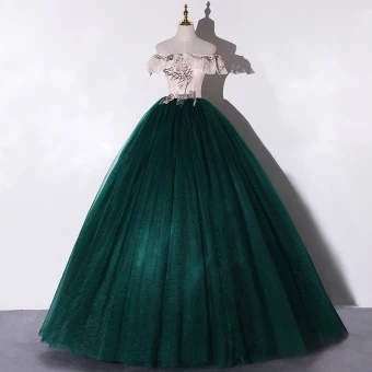 Chic Belle Vert Foncé Dansant Robe De Bal 2020 Robe Boule De L Épaule Manches Courtes Appliques En Dentelle Fleur Paillettes Perlage Perle Longue Volants