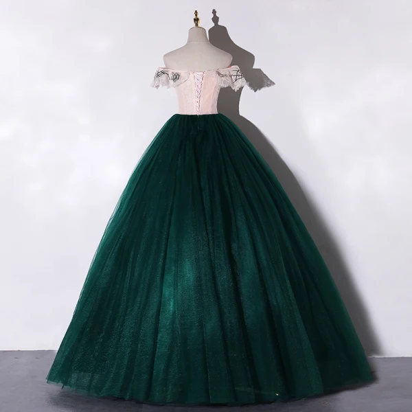 Chic / Beautiful Dark Green Dancing Prom Dresses 2020 Ball Gown Off-The-Shoulder Short Sleeve Appliques Lace Flower Sequins Beading Pearl Floor-Length / Long Ruffle