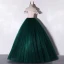 Chic / Beautiful Dark Green Dancing Prom Dresses 2020 Ball Gown Off-The-Shoulder Short Sleeve Appliques Lace Flower Sequins Beading Pearl Floor-Length / Long Ruffle
