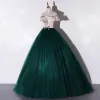 Chic / Beautiful Dark Green Dancing Prom Dresses 2020 Ball Gown Off-The-Shoulder Short Sleeve Appliques Lace Flower Sequins Beading Pearl Floor-Length / Long Ruffle