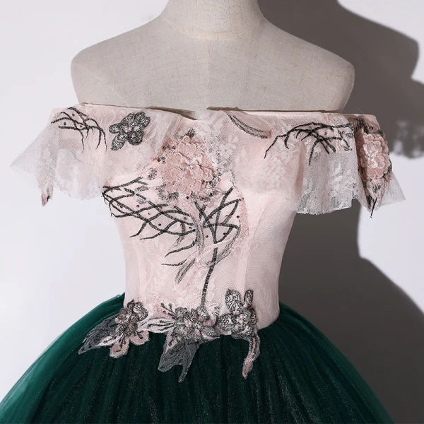 Chic / Beautiful Dark Green Dancing Prom Dresses 2020 Ball Gown Off-The-Shoulder Short Sleeve Appliques Lace Flower Sequins Beading Pearl Floor-Length / Long Ruffle