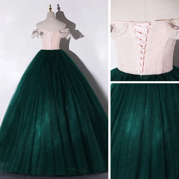 Chic / Beautiful Dark Green Dancing Prom Dresses 2020 Ball Gown Off-The-Shoulder Short Sleeve Appliques Lace Flower Sequins Beading Pearl Floor-Length / Long Ruffle