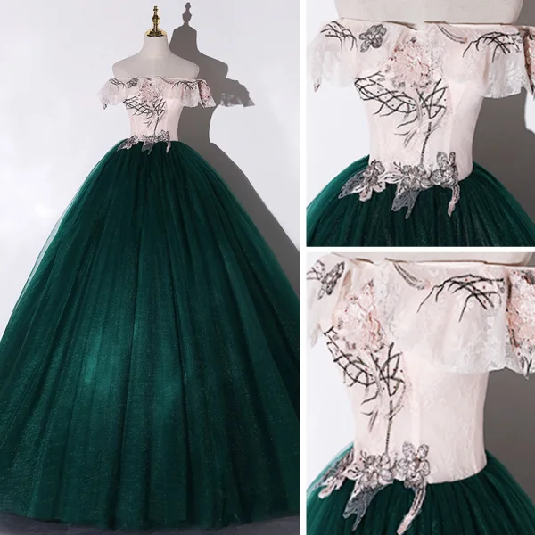 Chic / Beautiful Dark Green Dancing Prom Dresses 2020 Ball Gown Off-The-Shoulder Short Sleeve Appliques Lace Flower Sequins Beading Pearl Floor-Length / Long Ruffle