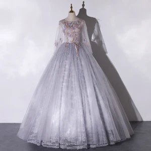 Elegant Grey Dancing Prom Dresses 2020 Ball Gown Scoop Neck Long Sleeve Backless Appliques Lace Rhinestone Feather Floor Length Long Ruffle