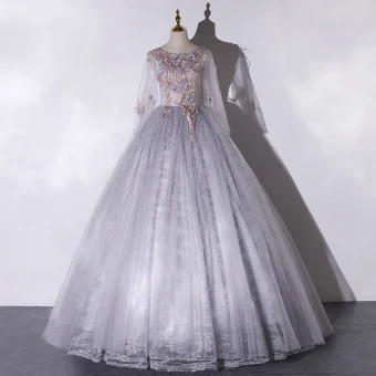 Elegant Grey Dancing Prom Dresses 2020 Ball Gown Scoop Neck Long Sleeve Backless Appliques Lace Rhinestone Feather Floor Length Long Ruffle