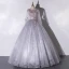 Elegant Grey Dancing Prom Dresses 2020 Ball Gown Scoop Neck Long Sleeve Backless Appliques Lace Rhinestone Feather Floor-Length / Long Ruffle