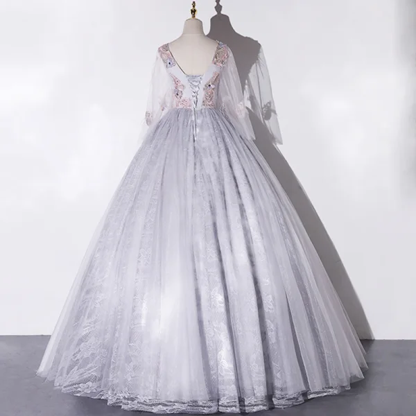 Elegant Grey Dancing Prom Dresses 2020 Ball Gown Scoop Neck Long Sleeve Backless Appliques Lace Rhinestone Feather Floor-Length / Long Ruffle