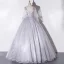 Elegant Grey Dancing Prom Dresses 2020 Ball Gown Scoop Neck Long Sleeve Backless Appliques Lace Rhinestone Feather Floor-Length / Long Ruffle