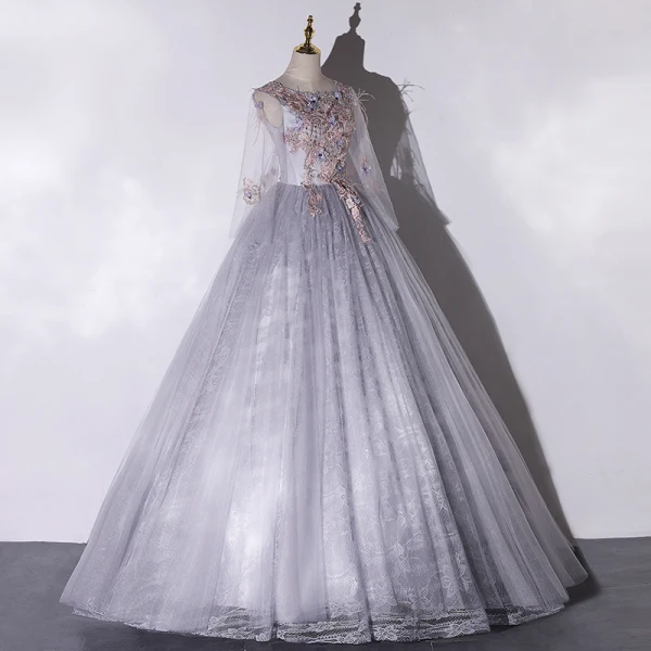 Elegant Grey Dancing Prom Dresses 2020 Ball Gown Scoop Neck Long Sleeve Backless Appliques Lace Rhinestone Feather Floor-Length / Long Ruffle