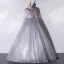 Elegant Grey Dancing Prom Dresses 2020 Ball Gown Scoop Neck Long Sleeve Backless Appliques Lace Rhinestone Feather Floor-Length / Long Ruffle