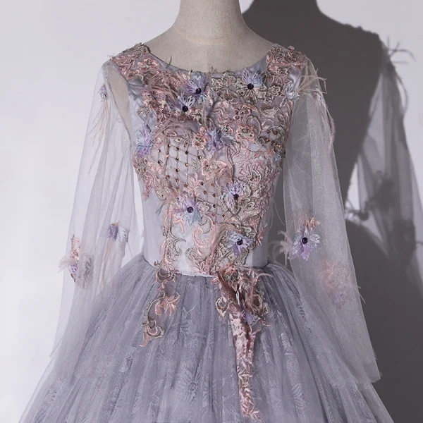 Elegant Grey Dancing Prom Dresses 2020 Ball Gown Scoop Neck Long Sleeve Backless Appliques Lace Rhinestone Feather Floor-Length / Long Ruffle