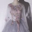 Elegant Grey Dancing Prom Dresses 2020 Ball Gown Scoop Neck Long Sleeve Backless Appliques Lace Rhinestone Feather Floor-Length / Long Ruffle