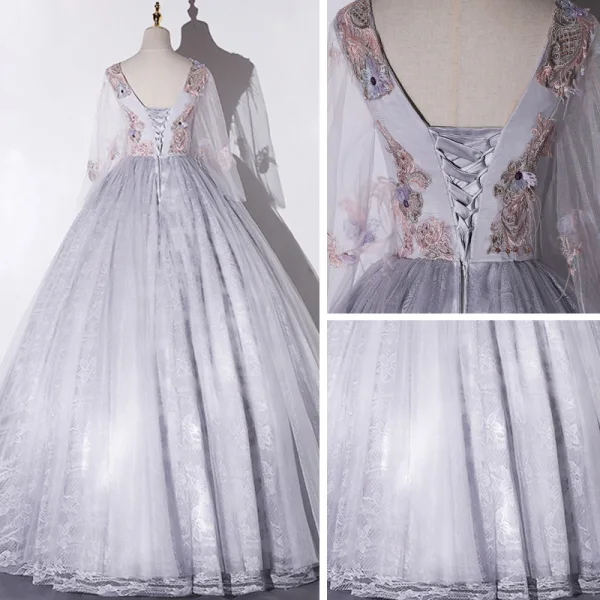 Elegant Grey Dancing Prom Dresses 2020 Ball Gown Scoop Neck Long Sleeve Backless Appliques Lace Rhinestone Feather Floor-Length / Long Ruffle