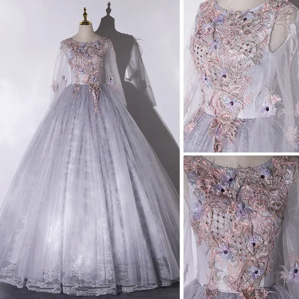Elegant Grey Dancing Prom Dresses 2020 Ball Gown Scoop Neck Long Sleeve Backless Appliques Lace Rhinestone Feather Floor-Length / Long Ruffle