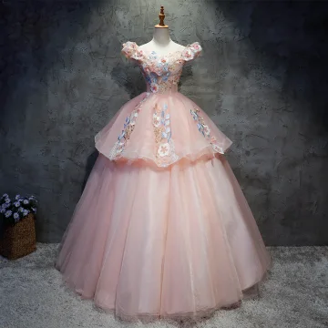 Chic Beautiful Quinceañera Pearl Pink Prom Dresses 2020 Ball Gown Off The Shoulder Short Sleeve Backless Appliques Lace Sequins Beading Floor Length Long Ruffle Formal Dresses