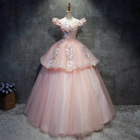 Fine Quinceañera Perle Rosa Ballkjoler 2020 Ballkjole Av Skulderen Korte Ermer Ryggløse Appliques Blonder Paljetter Beading Lange Buste Formelle Kjoler