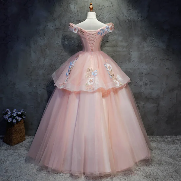 Chic / Beautiful Quinceañera Pearl Pink Prom Dresses 2020 Ball Gown Off-The-Shoulder Short Sleeve Backless Appliques Lace Sequins Beading Floor-Length / Long Ruffle Formal Dresses