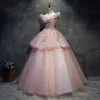 Chic / Beautiful Quinceañera Pearl Pink Prom Dresses 2020 Ball Gown Off-The-Shoulder Short Sleeve Backless Appliques Lace Sequins Beading Floor-Length / Long Ruffle Formal Dresses