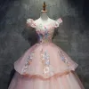 Chic / Beautiful Quinceañera Pearl Pink Prom Dresses 2020 Ball Gown Off-The-Shoulder Short Sleeve Backless Appliques Lace Sequins Beading Floor-Length / Long Ruffle Formal Dresses