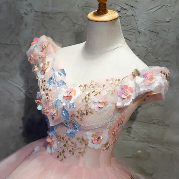 Chic / Beautiful Quinceañera Pearl Pink Prom Dresses 2020 Ball Gown Off-The-Shoulder Short Sleeve Backless Appliques Lace Sequins Beading Floor-Length / Long Ruffle Formal Dresses