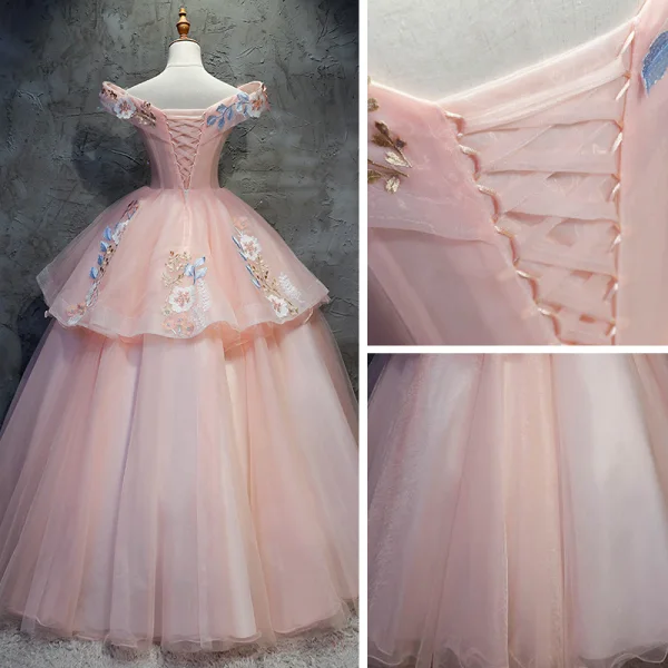 Chic / Beautiful Quinceañera Pearl Pink Prom Dresses 2020 Ball Gown Off-The-Shoulder Short Sleeve Backless Appliques Lace Sequins Beading Floor-Length / Long Ruffle Formal Dresses