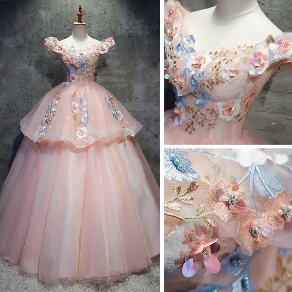 Chic / Beautiful Quinceañera Pearl Pink Prom Dresses 2020 Ball Gown Off-The-Shoulder Short Sleeve Backless Appliques Lace Sequins Beading Floor-Length / Long Ruffle Formal Dresses