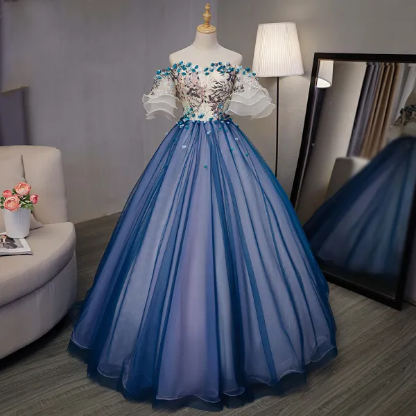 Chic / Beautiful Royal Blue Dancing Prom Dresses 2020 Ball Gown Off-The-Shoulder Bell sleeves Appliques Lace Embroidered Flower Rhinestone Floor-Length / Long Ruffle
