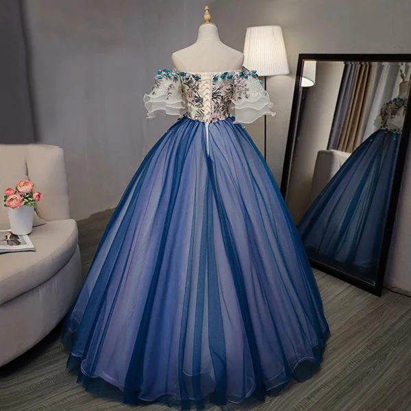 Chic / Beautiful Royal Blue Dancing Prom Dresses 2020 Ball Gown Off-The-Shoulder Bell sleeves Appliques Lace Embroidered Flower Rhinestone Floor-Length / Long Ruffle