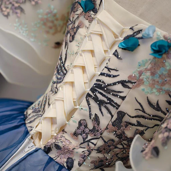 Chic / Beautiful Royal Blue Dancing Prom Dresses 2020 Ball Gown Off-The-Shoulder Bell sleeves Appliques Lace Embroidered Flower Rhinestone Floor-Length / Long Ruffle