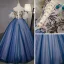 Chic / Beautiful Royal Blue Dancing Prom Dresses 2020 Ball Gown Off-The-Shoulder Bell sleeves Appliques Lace Embroidered Flower Rhinestone Floor-Length / Long Ruffle
