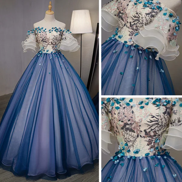 Chic / Beautiful Royal Blue Dancing Prom Dresses 2020 Ball Gown Off-The-Shoulder Bell sleeves Appliques Lace Embroidered Flower Rhinestone Floor-Length / Long Ruffle