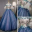 Chic / Beautiful Royal Blue Dancing Prom Dresses 2020 Ball Gown Off-The-Shoulder Bell sleeves Appliques Lace Embroidered Flower Rhinestone Floor-Length / Long Ruffle