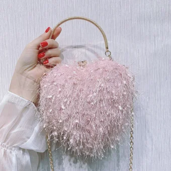 Lovely Blushing Pink Heart Shaped Clutch Bags 2020 Metal Beading Tassel