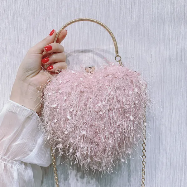 Lovely Blushing Pink Heart-shaped Clutch Bags 2020 Metal Beading Tassel