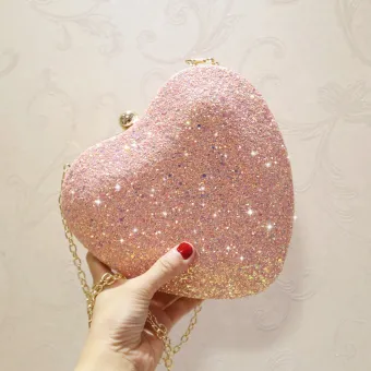 Lovely Candy Pink Glitter Heart Shaped Clutch Bags 2020