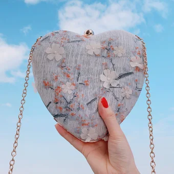 Chinese Style Grey Appliques Flower Heart Shaped Clutch Bags 2020